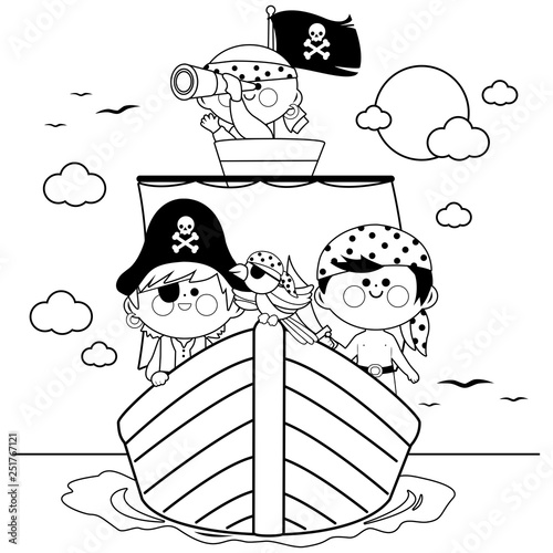 Pirate children sailing on a ship at the sea. Vector black and white coloring page.