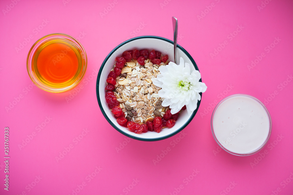 Delicious and healthy breakfast on a white tray. Space for a text. Top view. Delicious and healthy breakfast on a white tray. Space for a text. Top view.