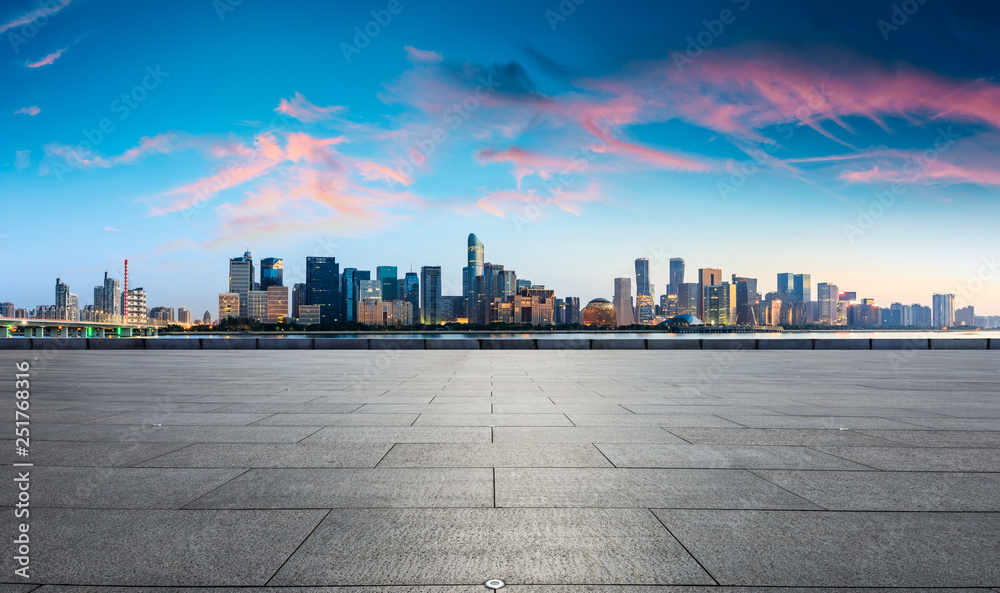 Hangzhou beautiful city scenery and empty floor at sunrise