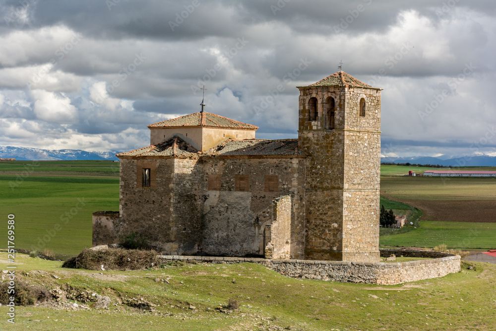 Abandoned village of Las Fuentes and church in the province of Segovia, an abandoned town in the middle of the 20th century in the center of Spain. Symbol of the depopulation of the center of Spain
