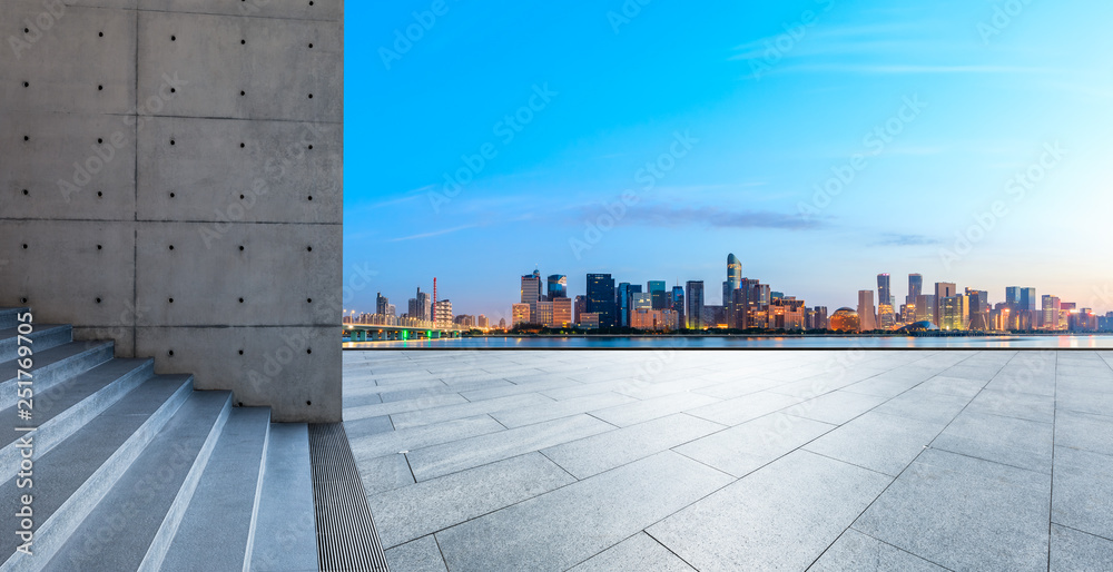 Fototapeta premium Hangzhou beautiful city scenery and empty floor at sunrise