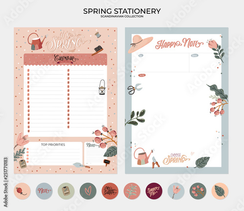 Set of planners and to do lists with spring floral scandinavian illustrations and trendy lettering. Template for agenda, planners, check lists, and other stationery. Isolated. Vector background