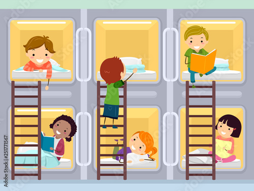 Stickman Kids Capsule Hotel Room Illustration