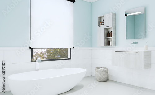 Blue bathroom with modern furniture and decorative tiles. 3D rendering. Mockup
