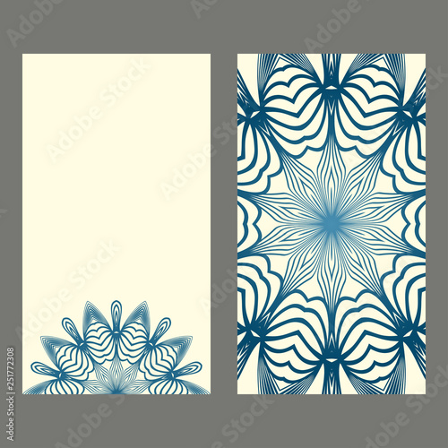 Set Of Template Greeting Card, Invitation With Space For Text. Mandala Design. Vector Illustration. Pastel blue color