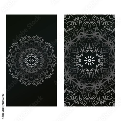 Invitation Or Card Template With Floral Mandala Pattern. For Wedding, Greeting Cards, Birthday Invitation. The Front And Rear Side. Vector Illustration. Silver black color