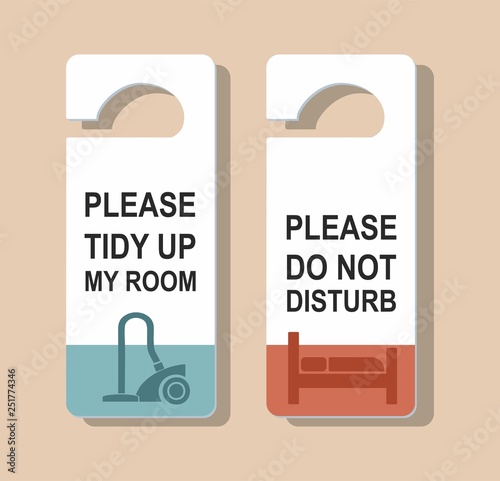 DO NOT DISTURB sign and PLEASE TIDY MY ROOM sign. Room cleaning. 