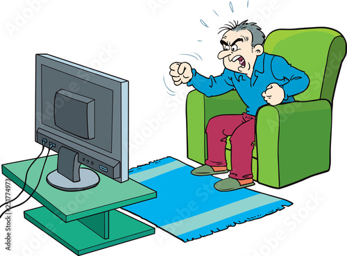 Angry man watching tv