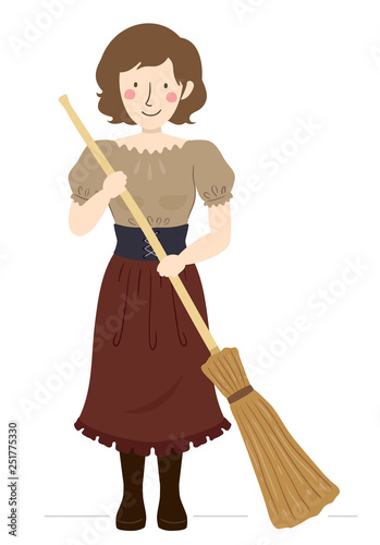 Girl Medieval Peasant Broom Illustration