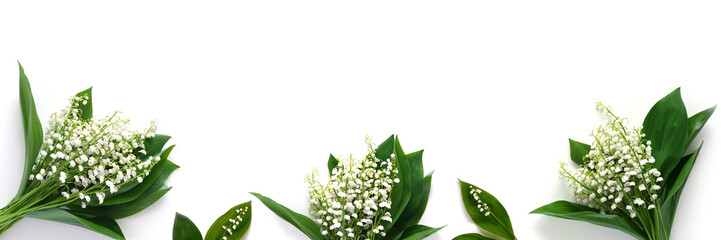 Banner, a border of lilies of the valley, isolated on a white background, top view. The concept of summer, spring, Mother's Day, March 8. 