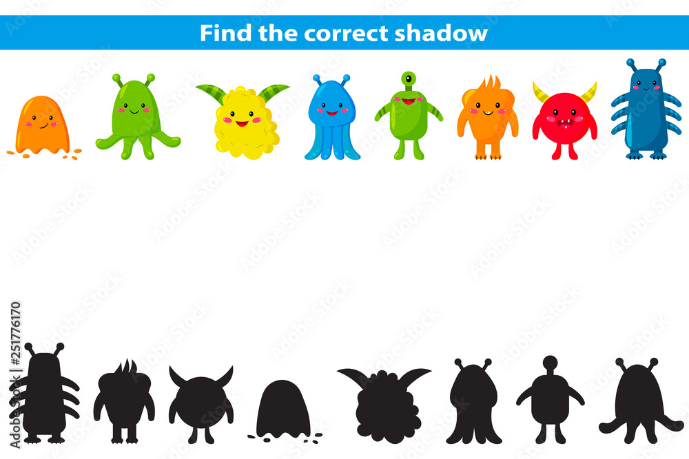 Obraz premium Educational game for children. Find the correct shadow. Cute cartoon aliens. Shadow matching game. Vector illustration.