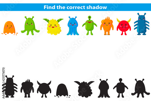 Educational game for children. Find the correct shadow. Cute cartoon aliens. Shadow matching game. Vector illustration.