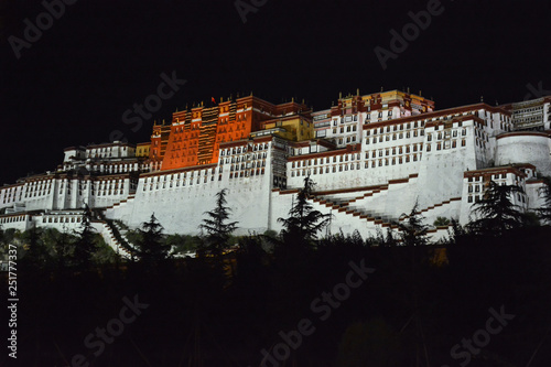 Illuminated buddhist Potala Palace at night. Lhasa, Tibet. Fototapeta
