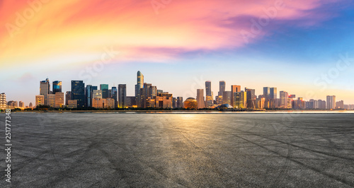 Empty asphalt square ground and Hangzhou business district cityscape © ABCDstock