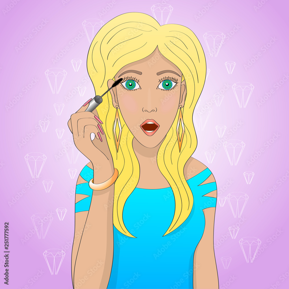 Blonde girl paints eyelashes with open mouth. Blonde girl paints eyelashes with open mouth.