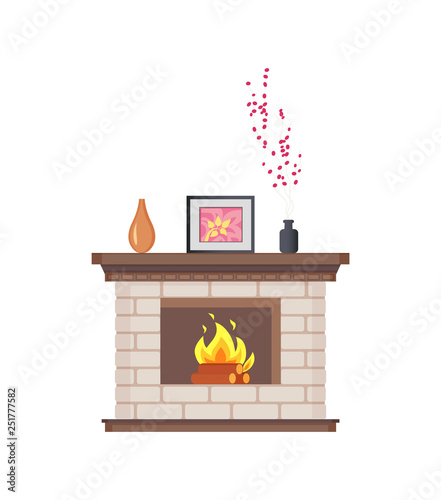 Fireplace with framed photo on wooden shelf isolated icon vector. Decoration of home, flowers and floral decor places in vase. Picture and flowers