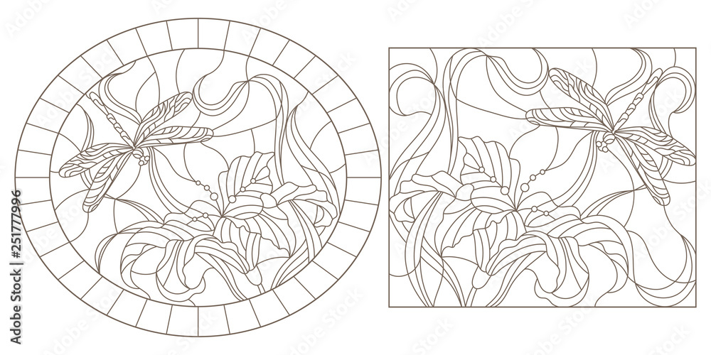 A set of contour illustrations of stained glass Windows with dragonflys and lilies, oval and rectangular images A set of contour illustrations of stained glass Windows with dragonflys and lilies, oval and rectangular images