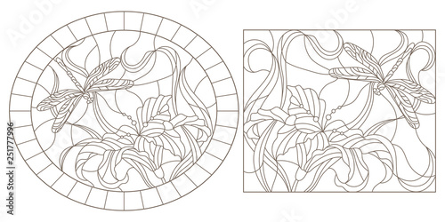A set of contour illustrations of stained glass Windows with dragonflys and lilies, oval and rectangular images