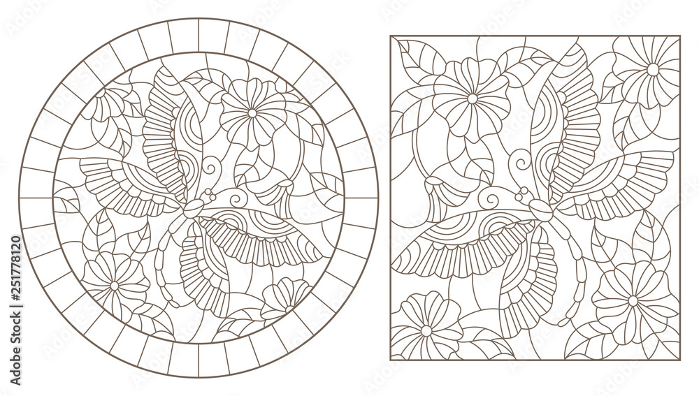 A set of contour illustrations of stained glass Windows with dragonflys and flowers, round and rectangular images A set of contour illustrations of stained glass Windows with dragonflys and flowers, round and rectangular images