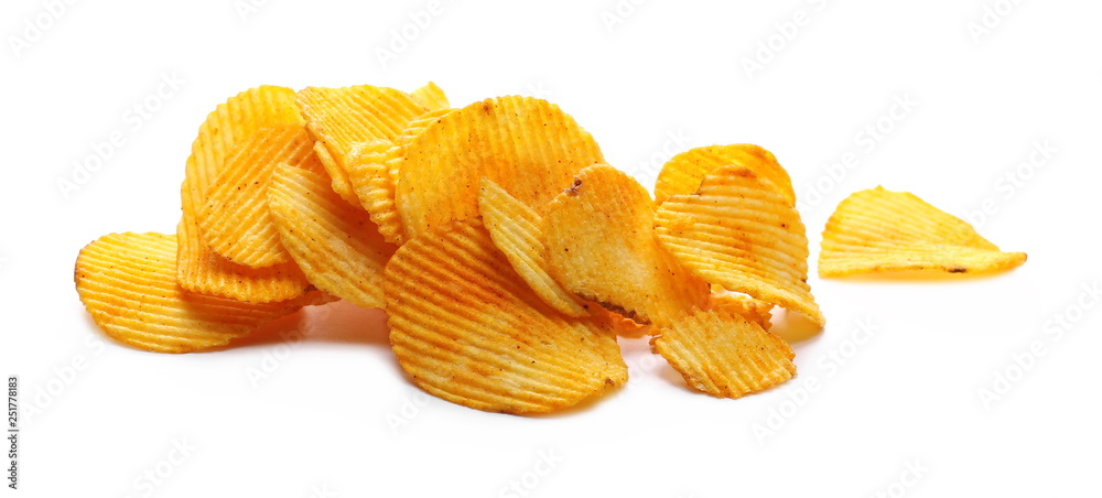 Pepper, paprika flavored potato chips, crisps isolated on white background Pepper, paprika flavored potato chips, crisps isolated on white background