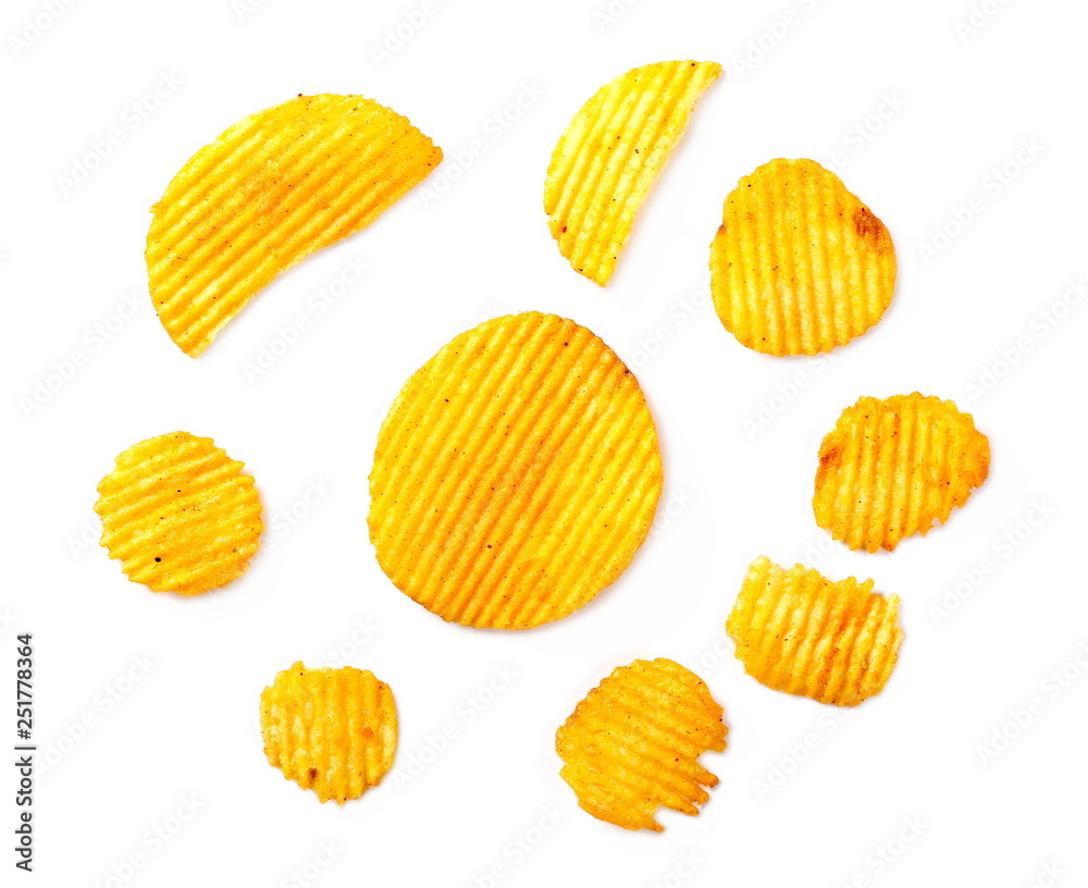 Fototapeta premium Pepper, paprika flavored potato chips, crisps set and collection isolated on white background, top view