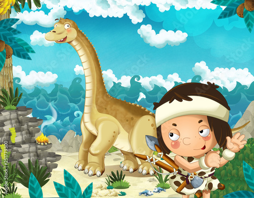 Obraz scena z jaskiniowcem w pobliżu brzegu morza, patrząc na szczęśliwy i zabawny gigantyczny dinozaur diplodok - ilustracja dla dzieci