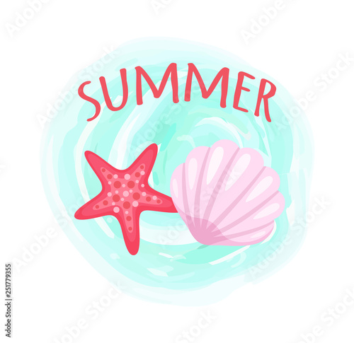 Summer poster aquatic creatures vector, isolated conch and starfish on blue watercolor splash. Pink seastars marine animal, ocean dwellers, summertime