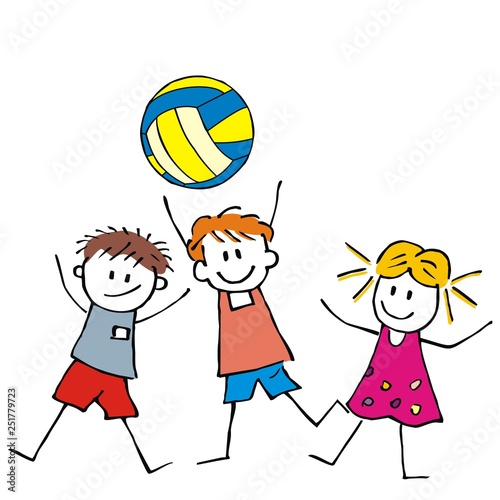 Sports team, three happy kids , volleyball, vector icon. Two boys and one girls with ball. Funny vector illustration.