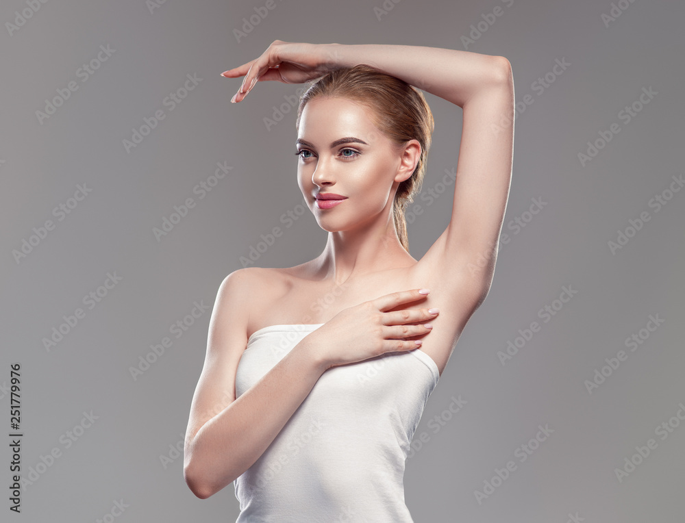 Fototapeta premium Armpit woman hand up deodorant epilation clean concept