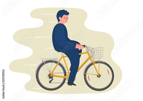 Hand drawn flat man on bike with basket. 