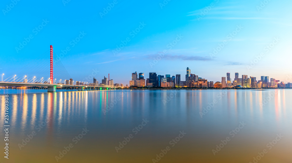 Panoramic city skyline with buildings in hangzhou at sunrise