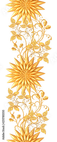 3d rendering. Golden stylized flowers, delicate shiny curls, paisley element, seamless pattern. Oriental style arabesques. Brilliant lace. Openwork weaving delicate, golden background.