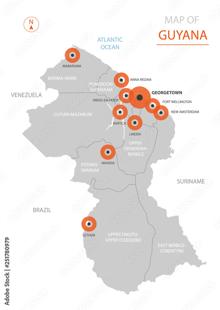 Stylized vector Guyana map showing big cities, capital Georgetown ...