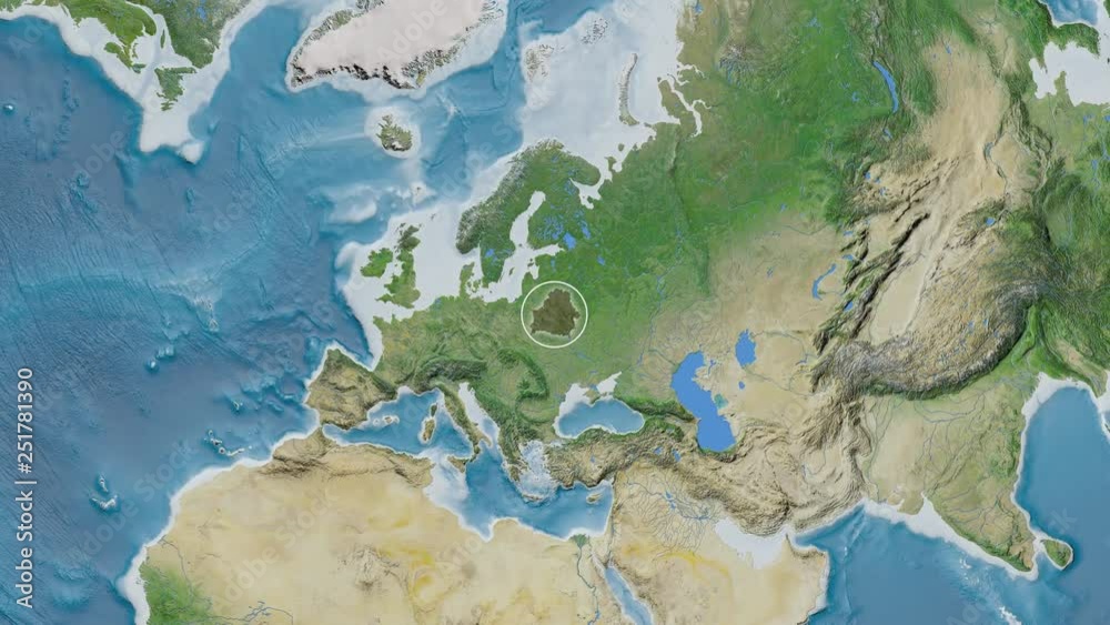 Belarus area presented against the global satellite map in the Kavrayskiy VII projection with animated oblique transformation Belarus area presented against the global satellite map in the Kavrayskiy VII projection with animated oblique transformation