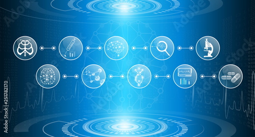 abstract background technology concept in blue light,brain and human body heal ,technology modern medical science in future and global international medical with tests analysis clone DNA human