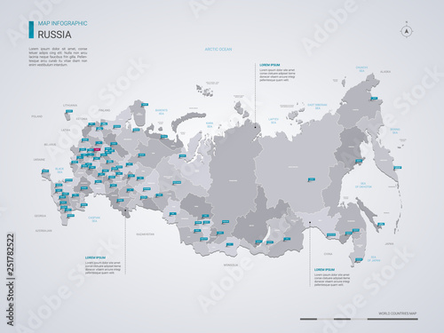 Russia vector map with infographic elements, pointer marks.