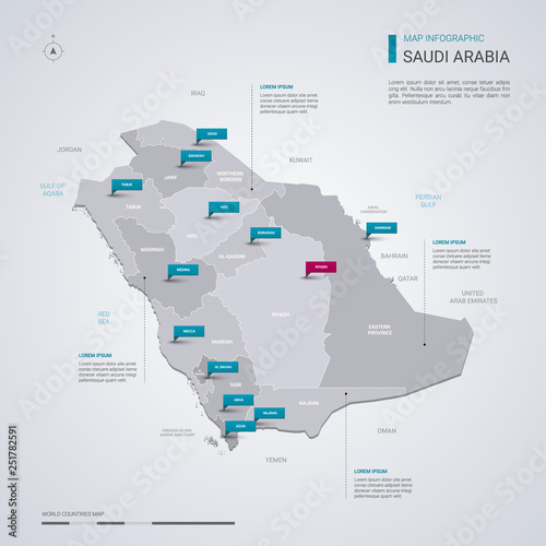 Saudi Arabia vector map with infographic elements, pointer marks.