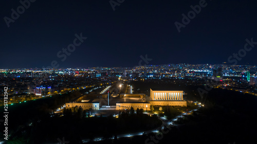 Aerial view of Ataturk Mausoleum at night, Anitkabir, monumental tomb of Mustafa Kemal Ataturk, first president of Turkey in Ankara.