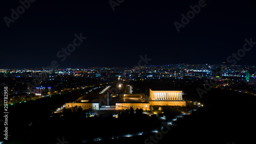 Aerial view of Ataturk Mausoleum at night  Anitkabir  monumental tomb of Mustafa Kemal Ataturk  first president of Turkey in Ankara.
