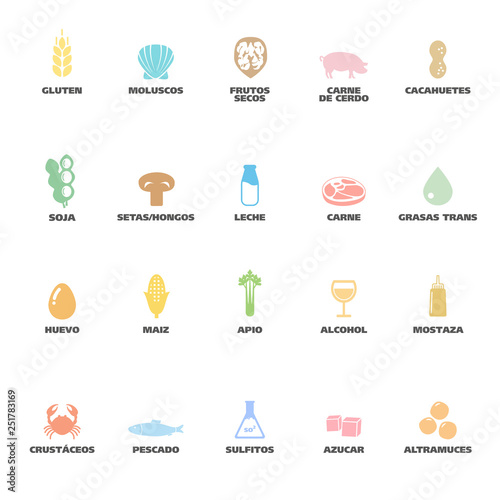 Isolated Vector Logo Set Badge Ingredient Warning Label. Colorful Allergens icons. Food Intolerance. Written in Spanish