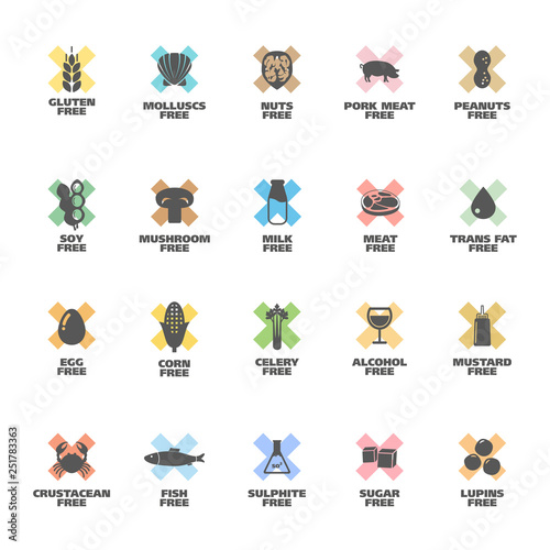 Isolated Vector Logo Set Badge Ingredient Warning Label. Colorful Allergens icons. Food Intolerance. Written in Spanish