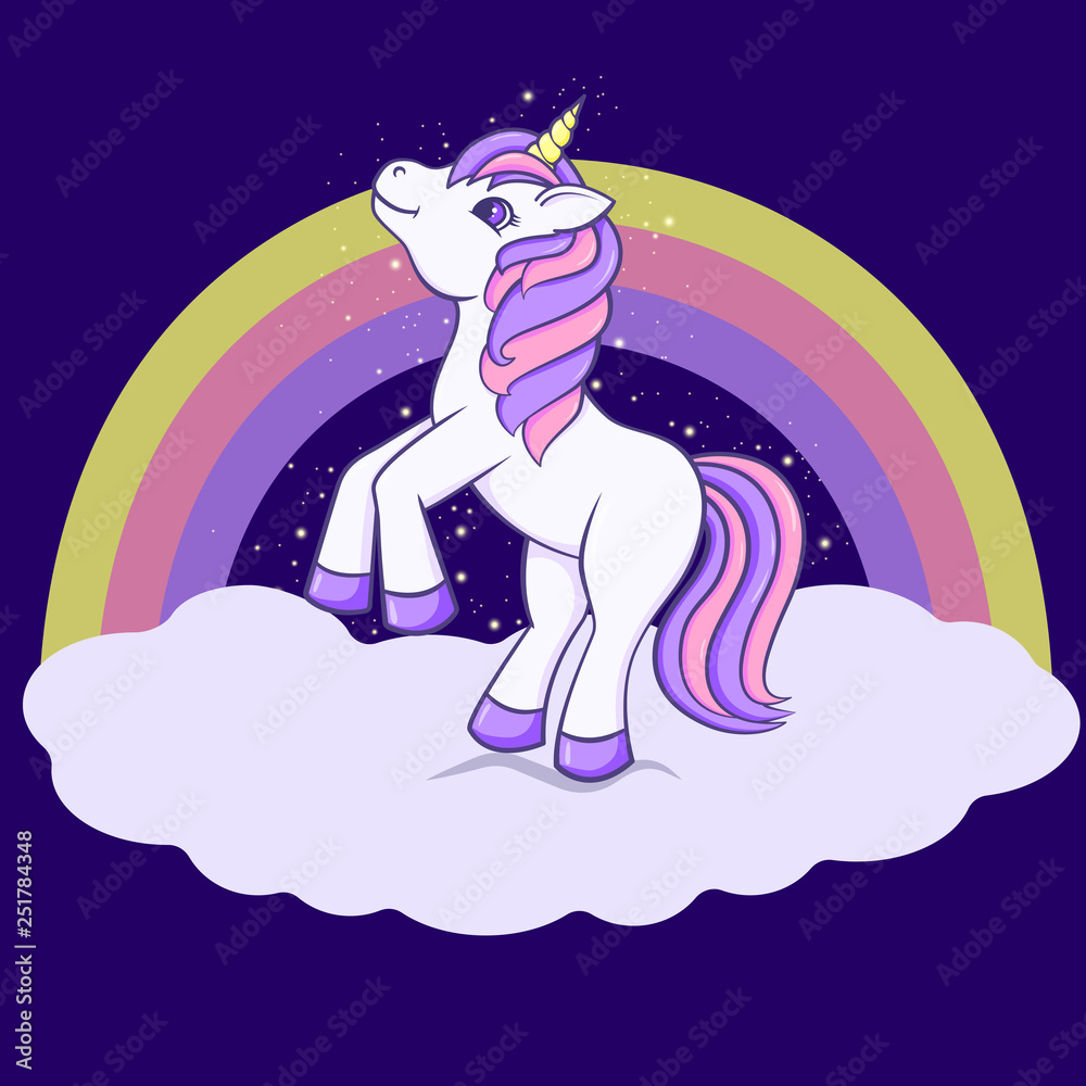 Cute Cartoon Unicorn with cloud and rainbow on background. Vector illustration