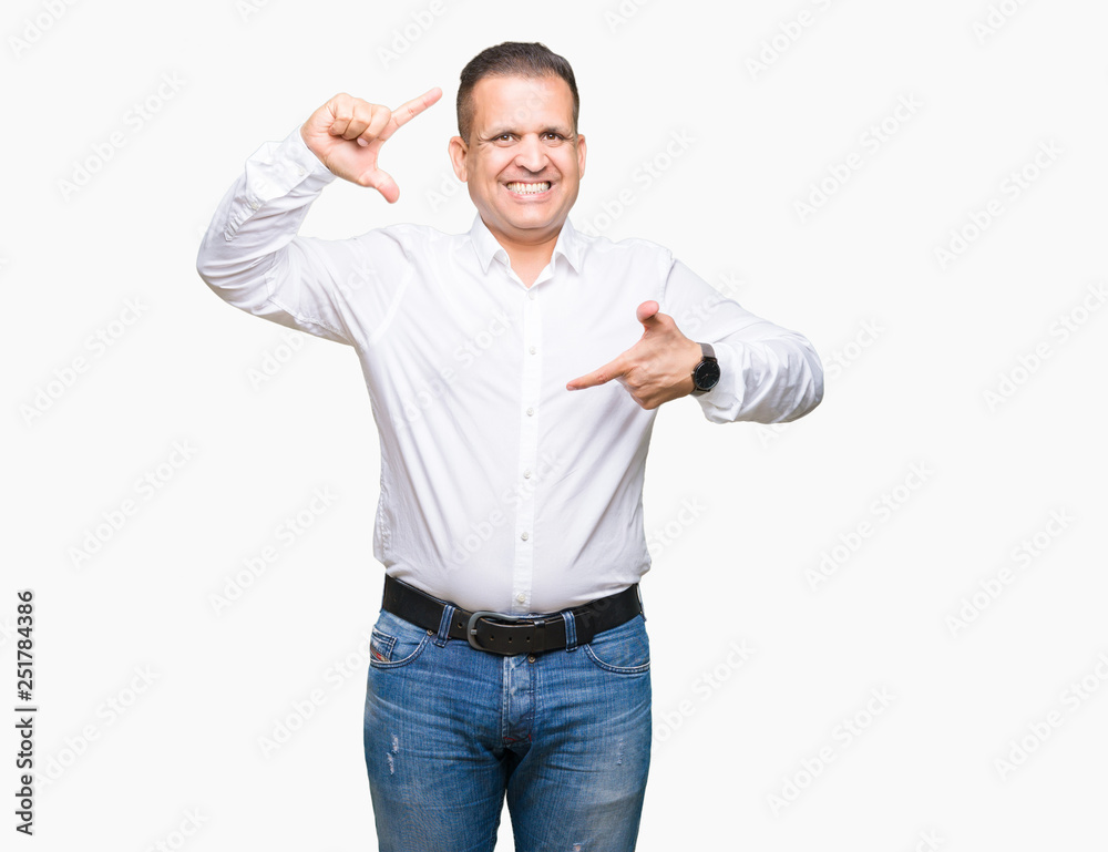 Middle age arab elegant man over isolated background smiling making frame with hands and fingers with happy face. Creativity and photography concept. Middle age arab elegant man over isolated background smiling making frame with hands and fingers with happy face. Creativity and photography concept.