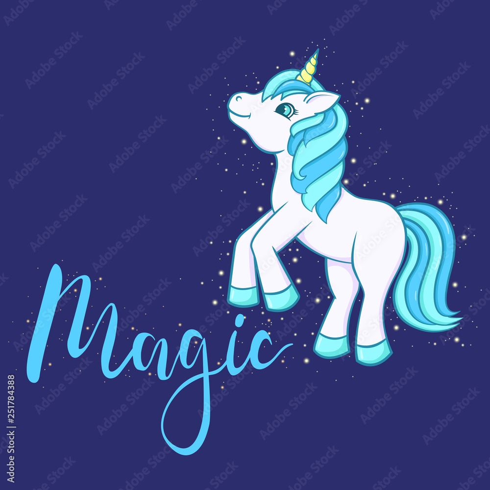 Cute Cartoon Unicorn with text Magic. Vector illustration