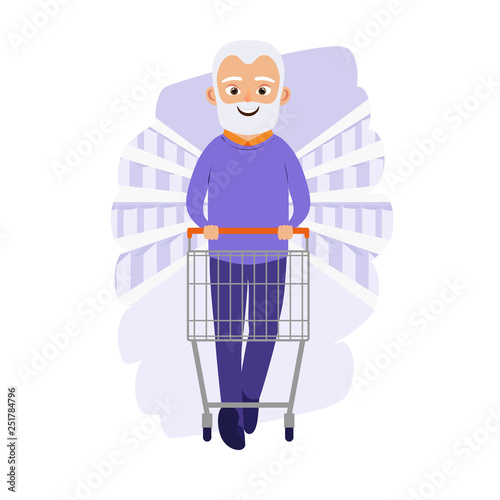 Happy old men with shopping cart in grocery store or supermarket. Cute grandfather. Elderly man. Cartoon character. Vector illustration