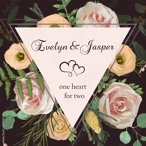 Wedding floral invitation, invite card. Vector with flower and leaves pattern background. Pink rose flowers, eustoma cream, brunia, green fern, eucalyptus, branches buxus. Natural, green