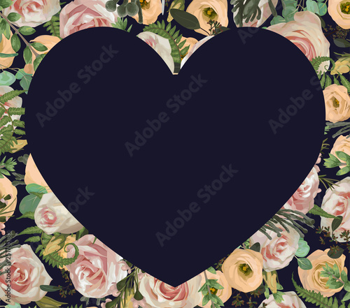 Valentine greeting, invite card. Vector with flower and leaves pattern background. Pink rose flowers, eustoma cream, brunia, green fern, eucalyptus, branches buxus. Blue background