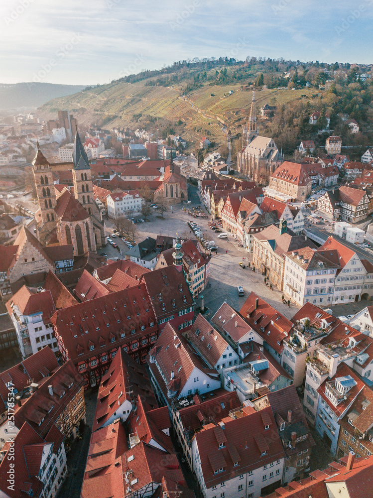 beautiful aerial drone shot of the cityscape of a nice old and medieval  city called Esslingen am Neckar in the South of Germany near Stuttgart foto  de Stock | Adobe Stock