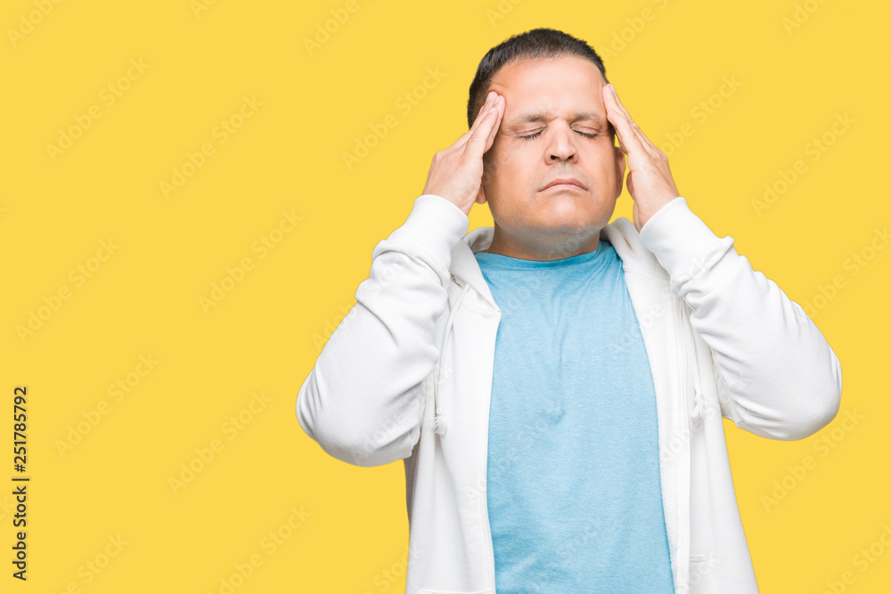 Middle age arab man wearing sweatshirt over isolated background with hand on head for pain in head because stress. Suffering migraine. Middle age arab man wearing sweatshirt over isolated background with hand on head for pain in head because stress. Suffering migraine.