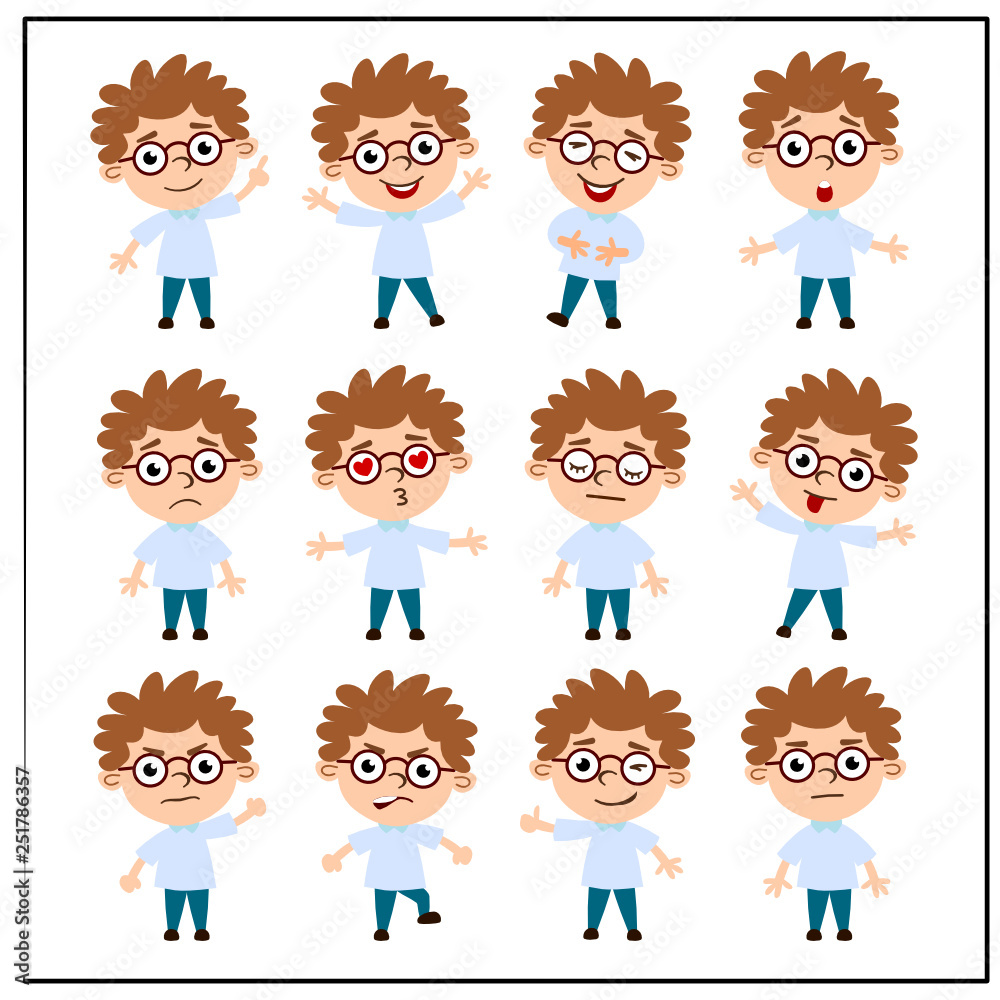 Set of intelligent boys with glasses in different poses isolated on white background. Set of intelligent boys with glasses in different poses isolated on white background.